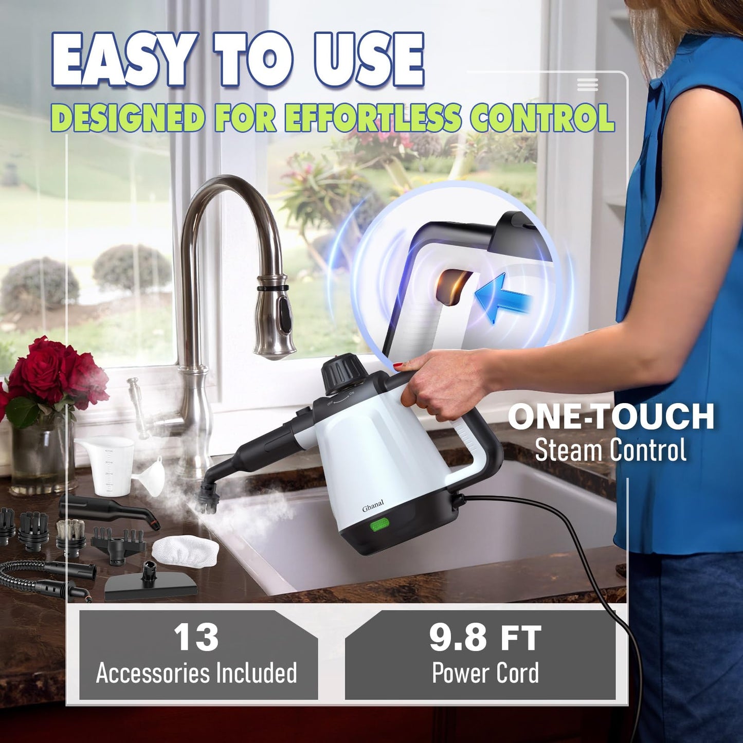 Handheld Steam Cleaner, Steamer for Cleaning with 13 Accessories 1200W Portable Steam Cleaner for Home, Multi-Surface Deep Cleaning for Bathrooms, Kitchens, Windows, Tile, Grout and Car